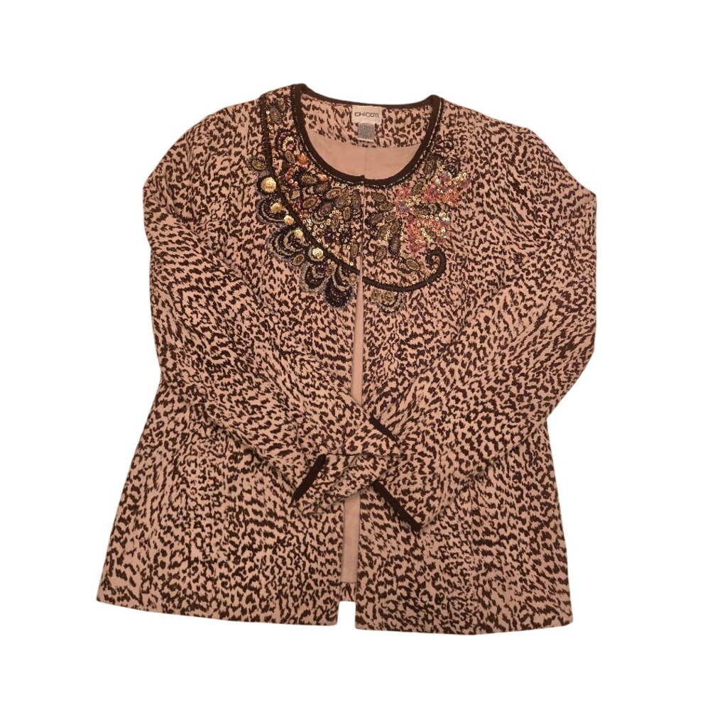 Chicos Animal Print Sequin Embellished Open Front Jacket Tan Black Size 1